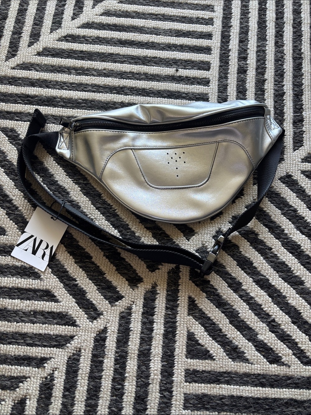ZARA Silver Metallic Fanny pack Waist Bag with Black Strap